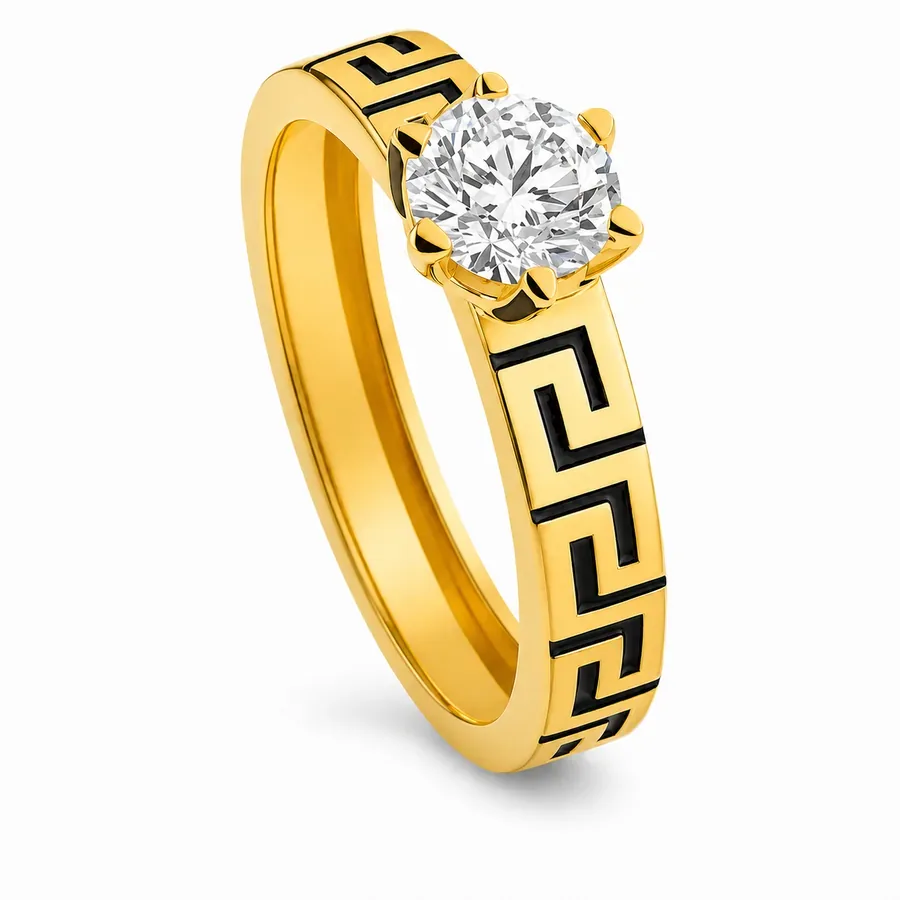 Anello in oro giallo 18 kt con greca smaltata nera e diamante centrale taglio brillante